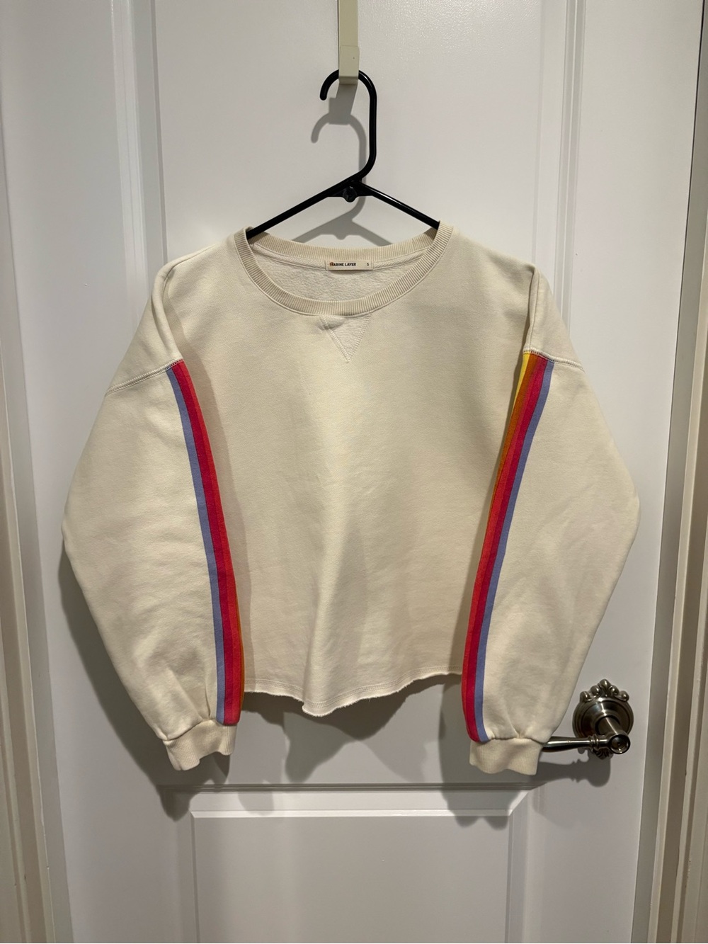 Marine Layer Cream Crewneck Sweatshirt with Rainbow Sleeve Stripes
